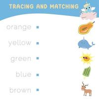 Trace and matching words with pictures. Exercise for children to recognize color. Educational worksheet for preschool. Vector file.