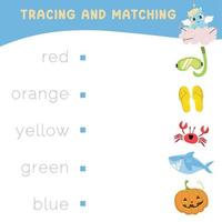 Trace and matching words with pictures. Exercise for children to recognize color. Educational worksheet for preschool. Vector file.