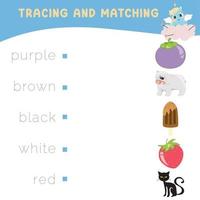 Trace and matching words with pictures. Exercise for children to recognize color. Educational worksheet for preschool. Vector file.