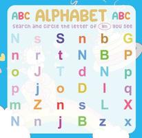 Search and circle the uppercase and lowercase letter on the worksheet. Exercise for children to recognize the alphabet. Educational sheet for preschool. Vector file.