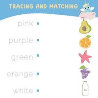 Trace and matching words with pictures. Exercise for children to recognize color. Educational worksheet for preschool. Vector file.