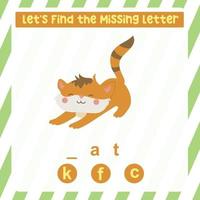 Missing letter worksheet. Complete the letters for animal names in English. Kids educational game. Printable worksheet for preschool. Writing practice. Vector file.