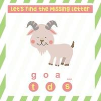 Missing letter worksheet. Complete the letters for animal names in English. Kids educational game. Printable worksheet for preschool. Writing practice. Vector file.