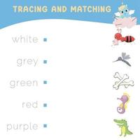 Trace and matching words with pictures. Exercise for children to recognize color. Educational worksheet for preschool. Vector file.