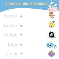 Trace and matching words with pictures. Exercise for children to recognize color. Educational worksheet for preschool. Vector file.