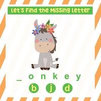 Missing letter worksheet. Complete the letters for animal names in English. Kids educational game. Printable worksheet for preschool. Writing practice. Vector file.