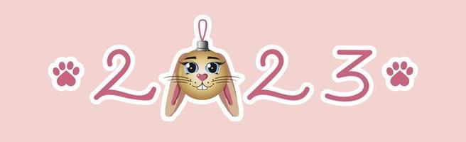 vector inscription 2023 in pink tones with a Christmas ball instead of zero in the form of a rabbit