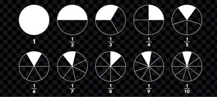 Fractions pie divided for math. Circle pie with pieces. Segment slice set. Simple geometry. Vector isolated illustration