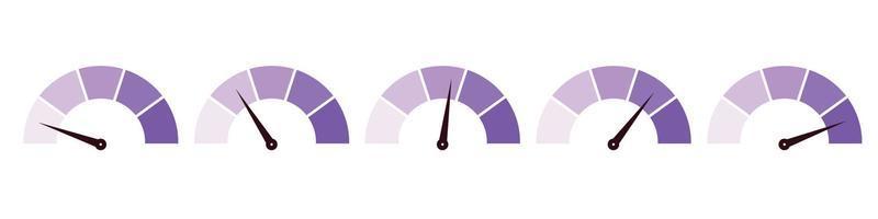 Purple scale meter with low, high and medium bar. Level risk graph or control quality. Vector isolated illustration