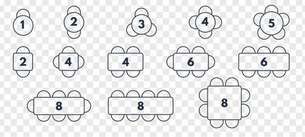 Table maps for restaurant seating capacity. Different chair and table sizes for event or party. Architectural plan, blueprint of seats. Vector isolated illustration