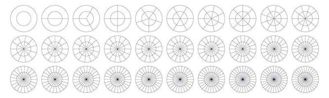 Divided geometric circles. Segment slice set. Simple geometry. Diagram with sections or steps. Vector isolated illustration