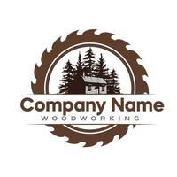 saw blade woodworking logo design with home and trees vector