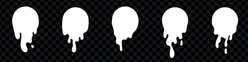 Liquid paint dripping. White melt drop set circle labels. Blood, oil and liquid blob isolated. Vector illustration