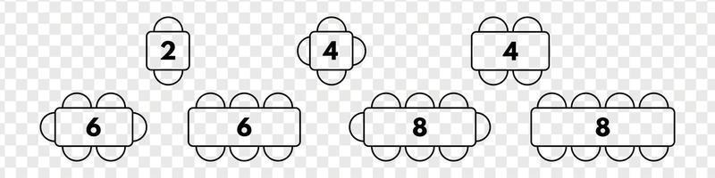mapas de mesa para la capacidad de asientos del restaurante. diferentes medidas de sillas y mesas para eventos o fiestas. plano arquitectonico, anteproyecto de plazas. ilustración vectorial aislada vector