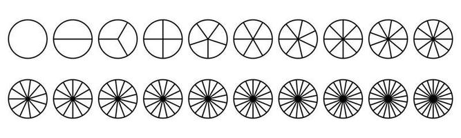 Fractions pie divided for math. Circle pie with pieces. Segment slice set. Simple geometry. Vector isolated illustration