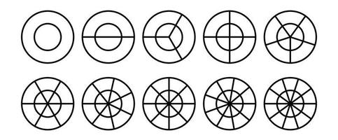 Fractions pie divided for math. Circle pie with pieces. Segment slice set. Simple geometry. Vector isolated illustration