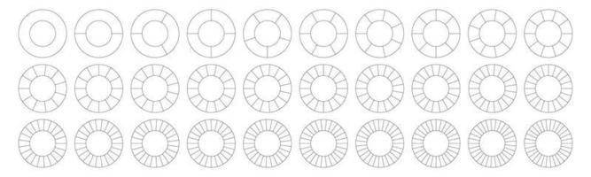 Fractions pie divided for math. Circle pie with pieces. Segment slice set. Simple geometry. Vector isolated illustration