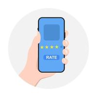 customer service concept and gain satisfaction. Customer Rating. close-up left hand holding a smartphone thinking about rating an application or service. vector flat design illustration.