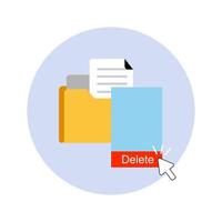 documents deletion. remove the file. documents with right-click toolbar and delete option isolated on violet background. vector flat design illustration.