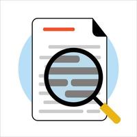 document analysis and investigation. document with magnifying glass scanning on isolated circle blue background. vector flat design illustration.