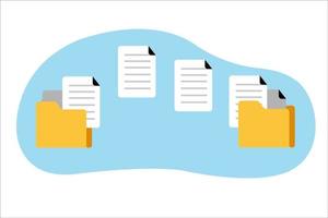 documents Transferring. Transferring documents to another folder. backup data concept. Folders with documents flying isolated on blue background. vector flat design illustration.