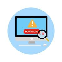 Hedging concept. Alert detected viruses. Beware of downloading viruses onto your computer. PC with magnifying glass detecting viruses. vector flat design illustration.