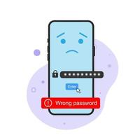 Enter the wrong password. forgot a password. smartphone with a frown face and snack bar showing the text wrong password. vector flat design illustration.