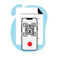 concepto de tecnología sin efectivo de compras. escanea el código qr para pagar o recibir notificaciones. el teléfono inteligente en el modo de cámara está escaneando un código qr en el documento. ilustración de diseño plano vectorial. vector