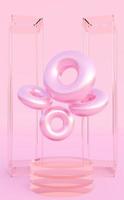 Pink Podium with abstract art objects. Stand to show products. Stage showcase with modern scene. Pedestal in vertical size. Beauty fashion backdrop for smartphone. 3D rendering. photo
