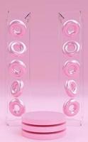 Pink Podium with abstract art objects. Stand to show products. Stage showcase with modern scene. Pedestal in vertical size. Beauty fashion backdrop for smartphone. 3D rendering. photo