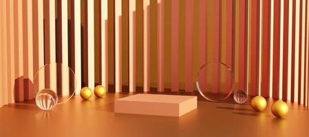 Metallic coral podium with abstract stripes wall. Stand to show products. Stage showcase with copy space. Pedestal display. Banner size. Website cover template. 3D rendering. photo