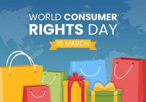 ilustración del día mundial de los derechos del consumidor con compras, bolsas y necesidades de los consumidores para banner web o página de inicio en plantillas planas dibujadas a mano de dibujos animados vector