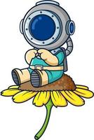 Happy diver sitting on a big sunflower vector