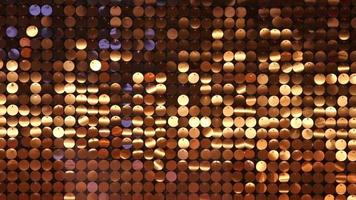 Shiny round metal shapes in copper or sparkling alloy hanging at a wall and waving and pulsating as nightclub shiny background for retro party or Christmas glitter glowing golden decorative background video