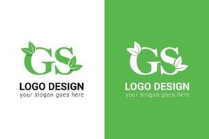 Ecology GS letters logo with green leaf. GS letters eco logo with leaf. Vector typeface for nature posters, eco friendly emblem, vegan identity, herbal and botanical cards etc.