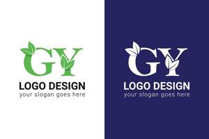 Ecology GY letters logo with green leaf. GY letters eco logo with leaf. Vector typeface for nature posters, eco friendly emblem, vegan identity, herbal and botanical cards etc.