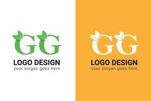 Ecology GG letters logo with green leaf. GG letters eco logo with leaf. Vector typeface for nature posters, eco friendly emblem, vegan identity, herbal and botanical cards etc.