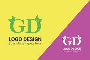 Ecology GD letters logo with green leaf. GD letters eco logo with leaf. Vector typeface for nature posters, eco friendly emblem, vegan identity, herbal and botanical cards etc.