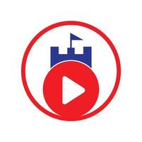 Button play and castle vector logo combination. Record and tower symbol or icon.