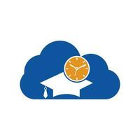 diseño de logotipo vectorial de concepto de forma de nube de tiempo de estudio. sombrero de graduación con diseño de icono de reloj. vector