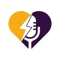 Podcast thunder heart shape concept vector logo design. Microphone vector logo design icon.