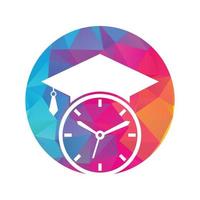 diseño del logotipo del vector de tiempo de estudio. sombrero de graduación con diseño de icono de reloj