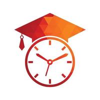 diseño del logotipo del vector de tiempo de estudio. sombrero de graduación con diseño de icono de reloj