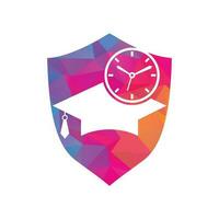 diseño del logotipo del vector de tiempo de estudio. sombrero de graduación con diseño de icono de reloj