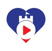 Play castle heart shape concept logo design. Button play and castle vector logo combination. Record and tower symbol or icon.