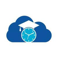 diseño de logotipo vectorial de concepto de forma de nube de tiempo de estudio. sombrero de graduación con diseño de icono de reloj. vector