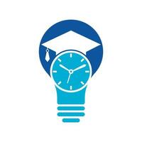 estudio tiempo bulbo forma concepto vector logo diseño. sombrero de graduación con diseño de icono de reloj.