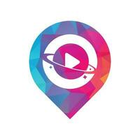 Music planet gps shape concept vector logo design. Music play icon symbol design.