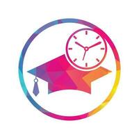 diseño del logotipo del vector de tiempo de estudio. sombrero de graduación con diseño de icono de reloj