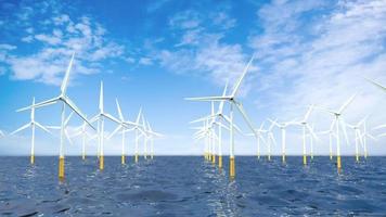 Front movement of the camera from left to right through a group of turbines forming a Wind Farm in the middle of the ocean during the day with the cloudy blue sky. 3D Animation video